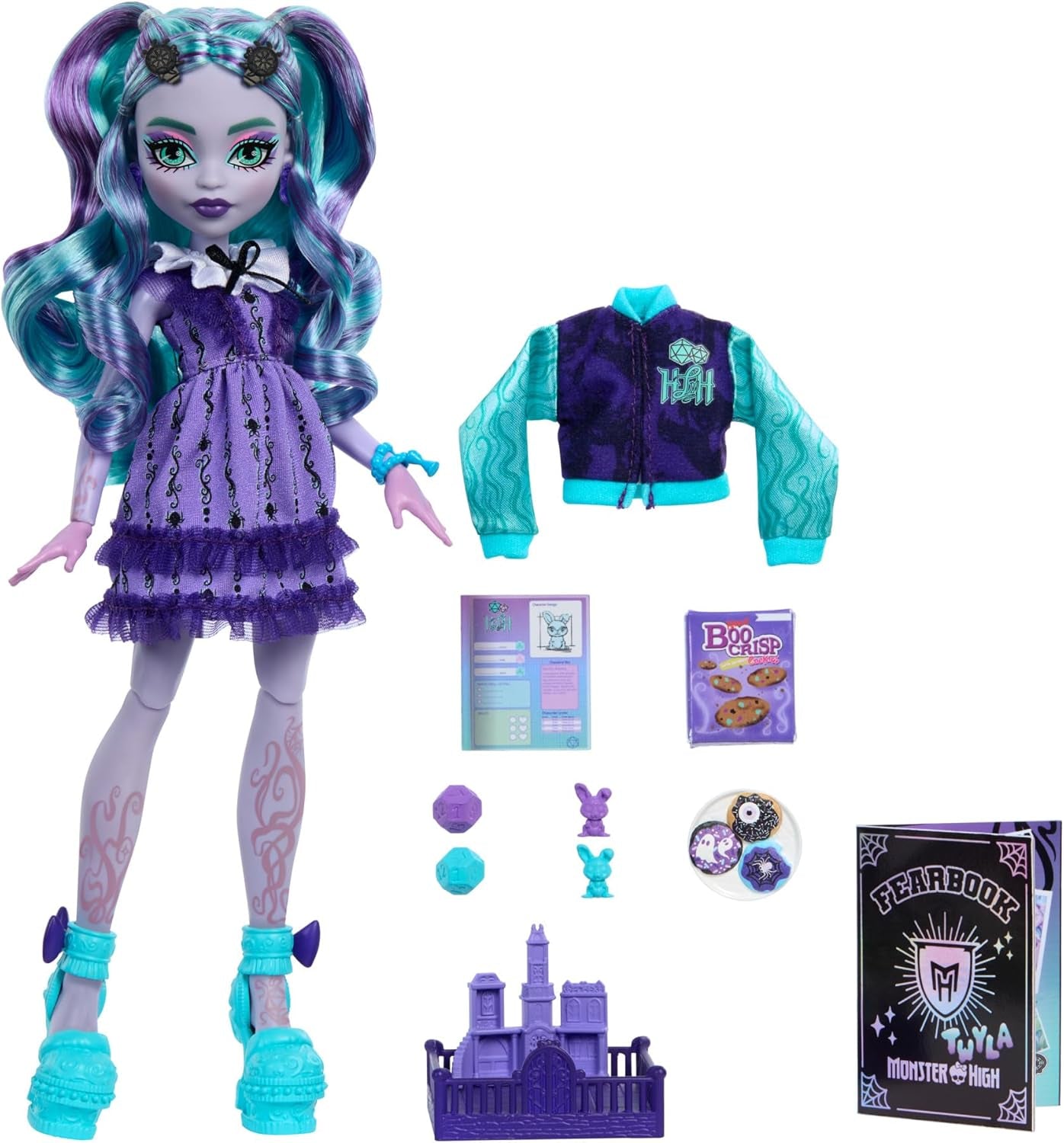 Sada doplňků pro panenku Monster High Fearbook Twyla a filmový klub, školní bunda, absolventské album, stolní hra a sušenky, HXW31