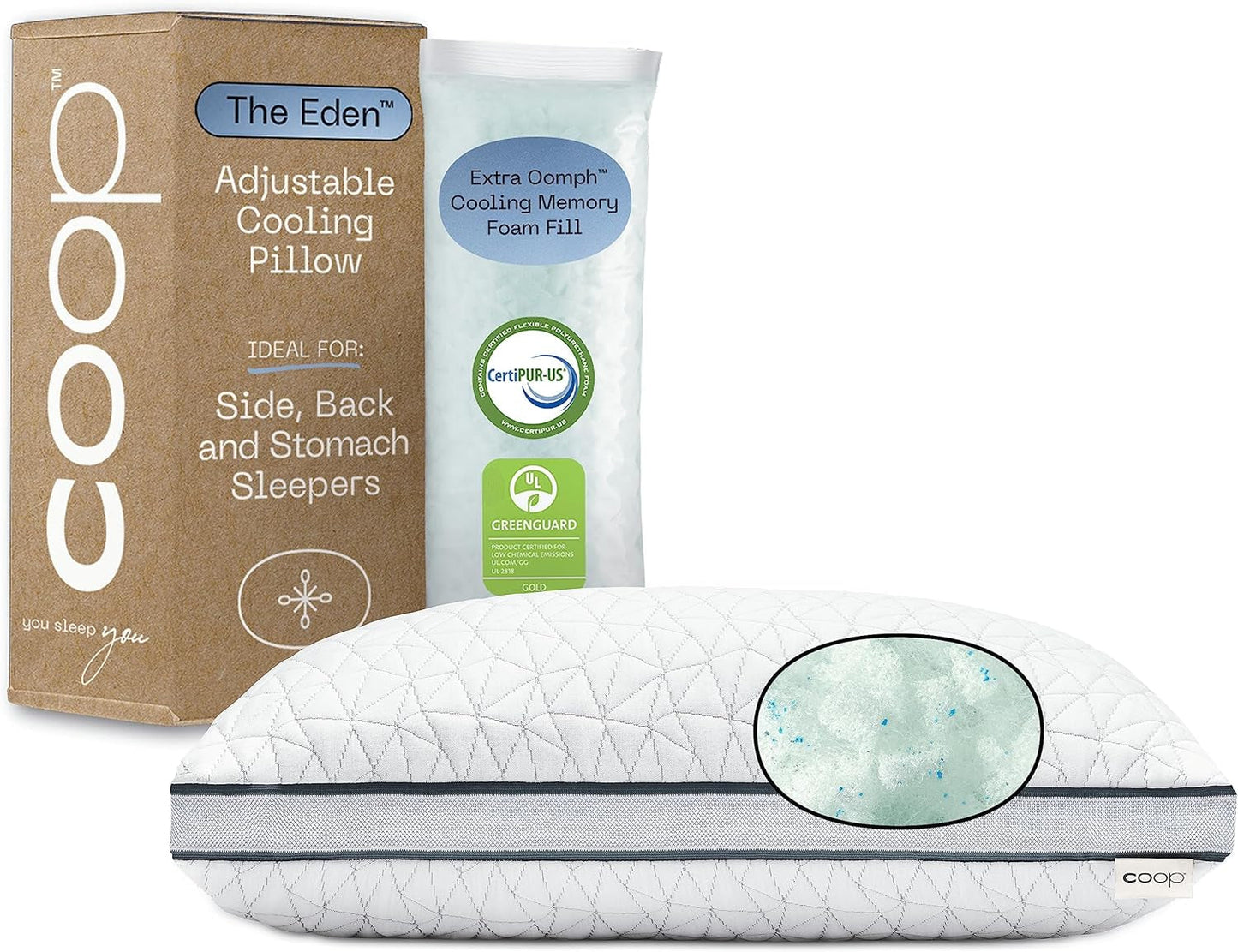 Coop Domácí zboží Eden Cool Nastavitelný polštář King Size Nastavitelný gel Napuštěný paměťovou pěnou Měkká prodyšná látka Lulltra Ideální pro všechny spáče Ekologické Naty Shop Standardní Polštáře Výchozí Název