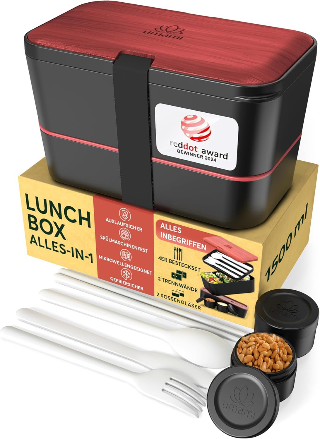 Umami krabička na oběd pro dospělé, 4 netěsnící stohovací bento box na příbory a přihrádky, krabička na oběd pro dospělé, nádoba na saláty, piknikový / stolní obědový box, šedá uhlí, 1500 ml Naty Shop boxy na uskladnění potravin Černý palisandr L - 1500 ml další stohovatelné uvnitř