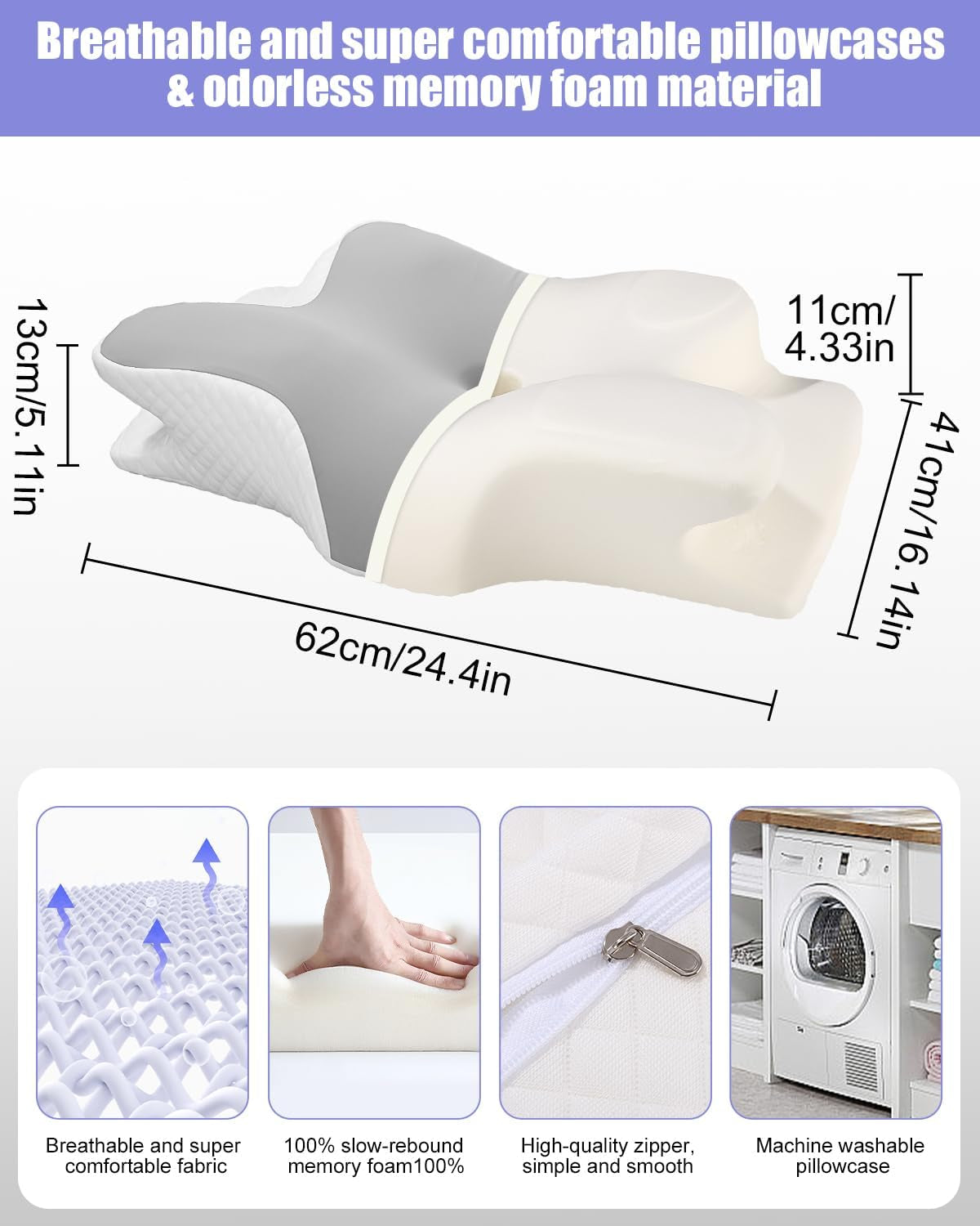 Polštář na krk, Polštář na boční podporu, Polštář z paměťové pěny, Ortopedický polštář, Ergonomický Polštář na podporu krku Pro optimální podporu Zadní a břišní boční opěrný Polštář (62 X 41 X 13CM) Krční ortopedické polštáře Naty Shop