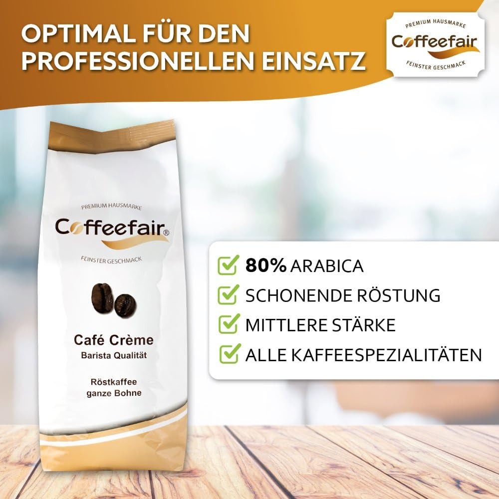 Coffeefair Cafe Creme Kaffeebohnen in Barista Qualität - 1 kg pro Kaffeevollautomaten, Mischbohne pro Kaffee nebo Espresso verwendbar, schonende Trommelröstung