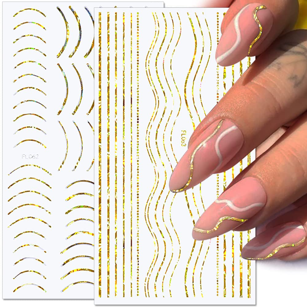 12 listů Laserové třpytivé linky Samolepící samolepky na nehty Holografické samolepky Bronzové pruhy Samolepky na nehty Francouzská linka Zakřivené mašle Vlnky Samolepky na nehty Doplňky pro zdobení nehtů