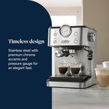 Portafiltrační espresso De'Longhi Classic EM450.M s profesionálním napěňovačem mléka, celokovové pouzdro, 15 bar, nádrž na vodu 1,7 l, nerezová ocel/kov