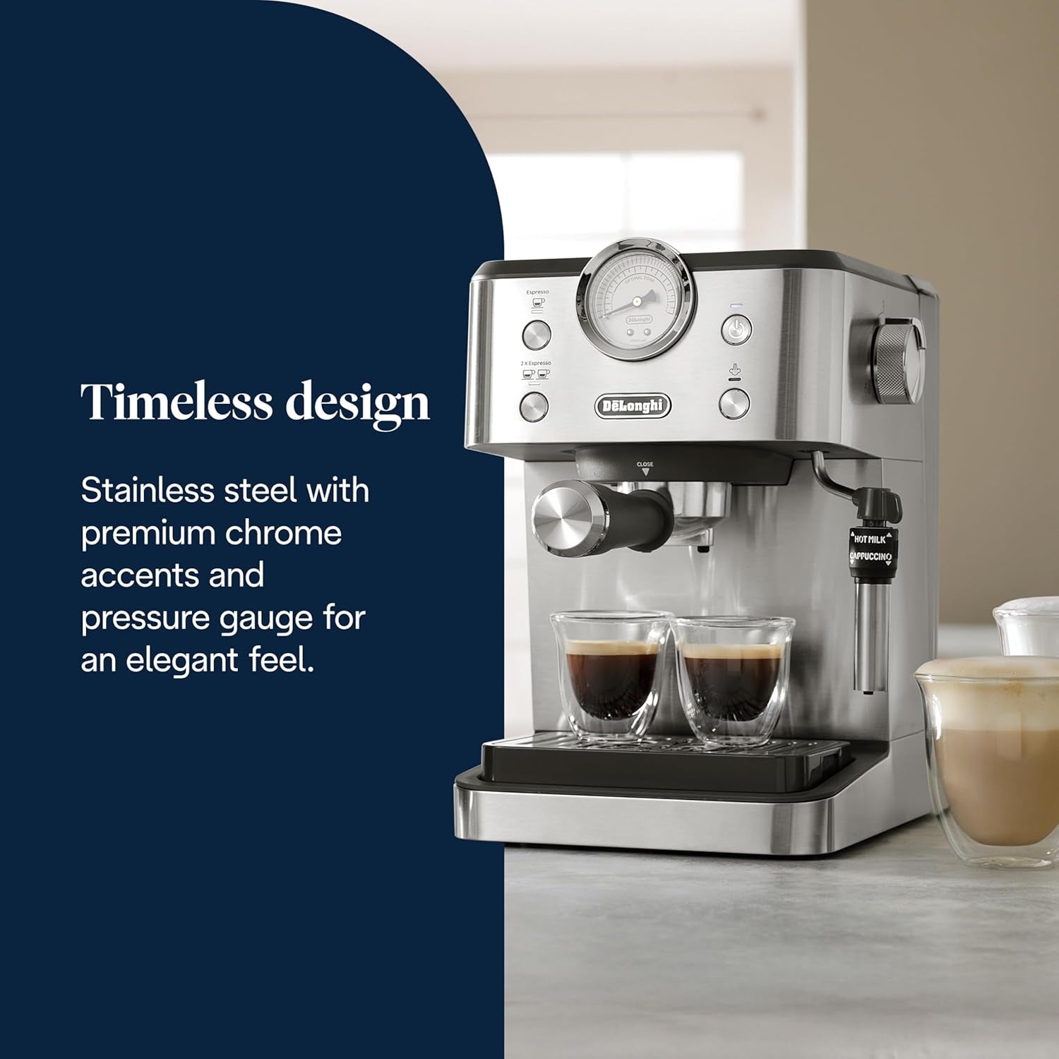 Portafiltrační espresso De'Longhi Classic EM450.M s profesionálním napěňovačem mléka, celokovové pouzdro, 15 bar, nádrž na vodu 1,7 l, nerezová ocel/kov