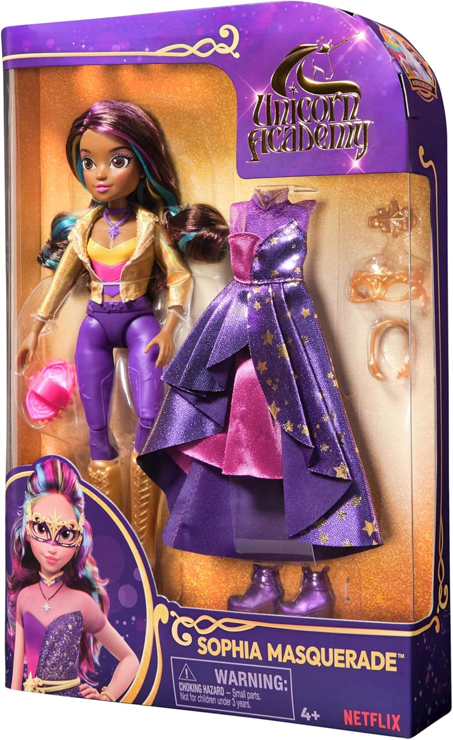 Unicorn Academy Deluxe Maškarní ples - Originální panenka Sophia z oblíbené série Netflix, 24 cm vysoká, se 2 oblečky a doplňky, pro děti od 4 let