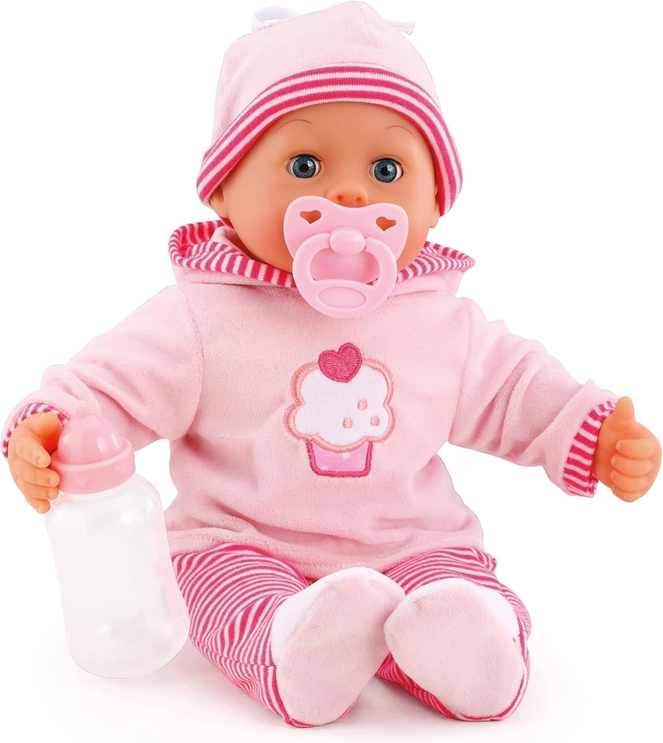 Panenka First Words s ospalýma očima mluví 24 dětských zvuků s panenkou a lahvičkou 38 cm Růžové/pruhy Naty Shop Single Dolls