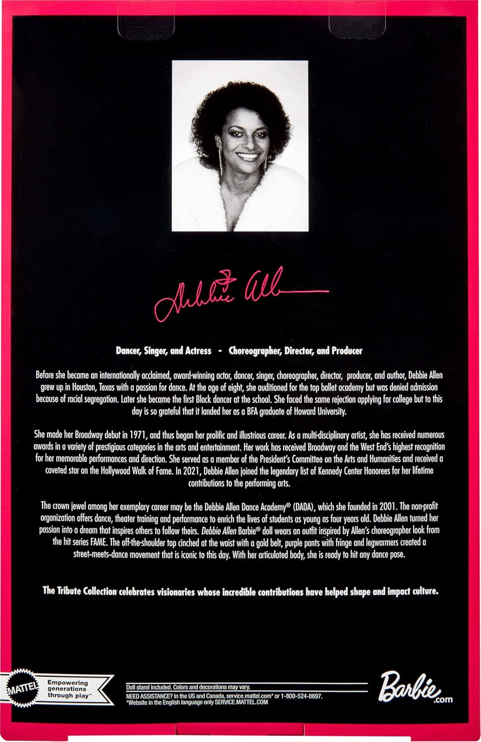 Panenka Barbie Signature Debbie Allen Tribute Collection v topu mimo rameno, zlatý pásek a fialové třásňové kalhoty a legíny, JBJ24