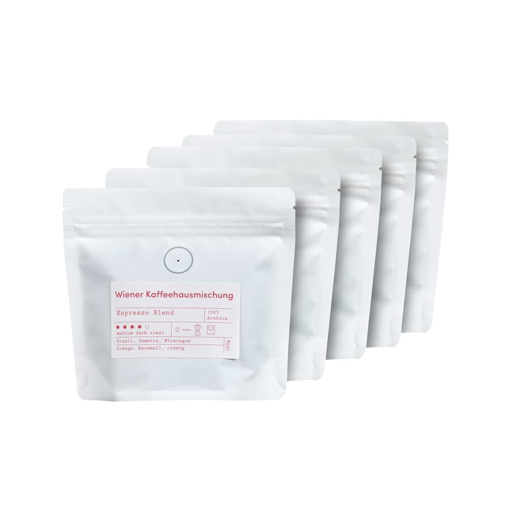 Degustační sada espressa - 5 druhů po 100 g - Bio a 100% Arabica - Jediný původ a směs - Perfektní pro portafiltry a espresso kávovary