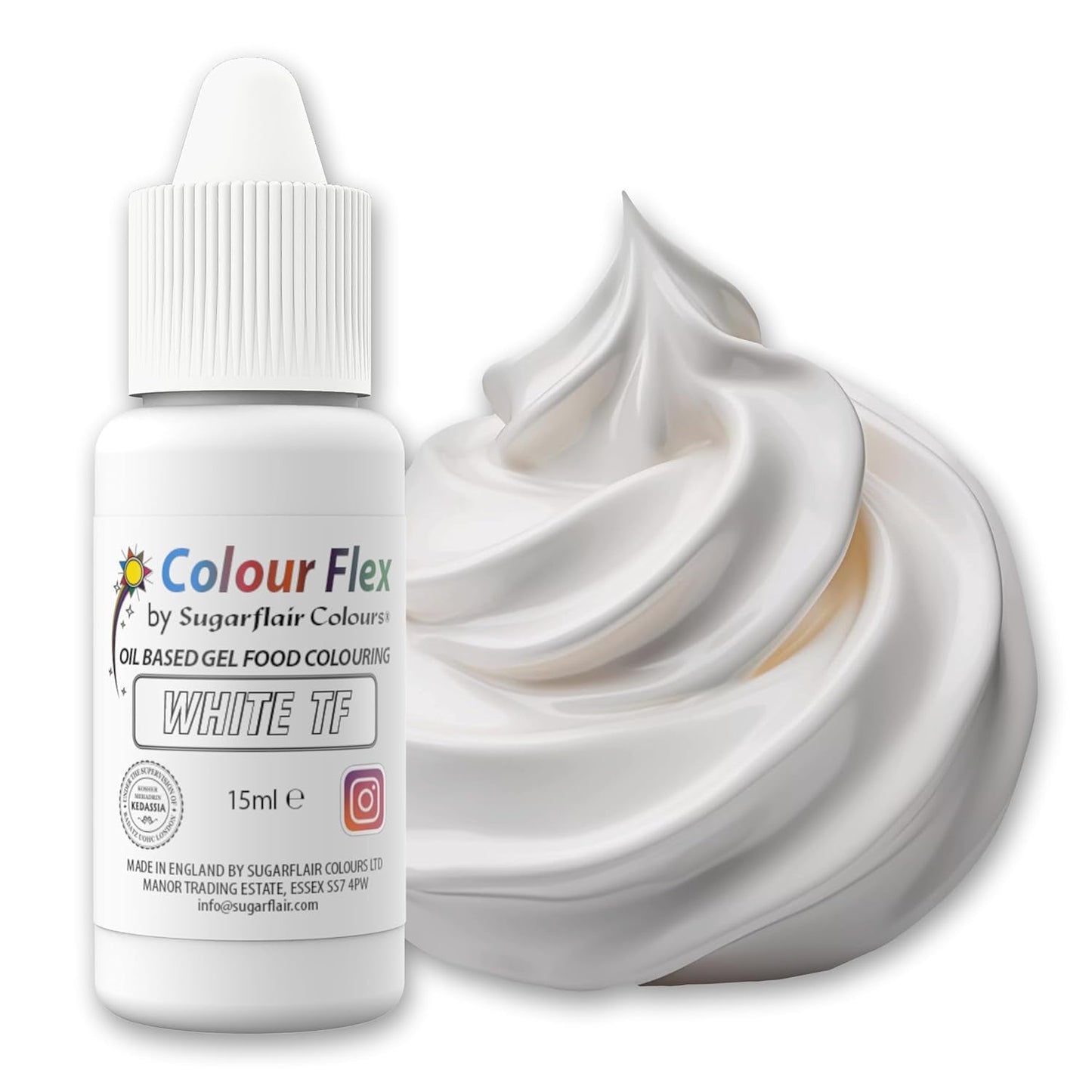 Sugarflair Colourflex bílá potravinářská barva na olejové bázi, vysoce koncentrovaná tekutá potravinářská barva, potravinářská barva pro máslový krém, čokoládu, těsto, fondant, polevu a další – 15 ml
