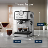 Portafiltrační espresso De'Longhi Classic EM450.M s profesionálním napěňovačem mléka, celokovové pouzdro, 15 bar, nádrž na vodu 1,7 l, nerezová ocel/kov