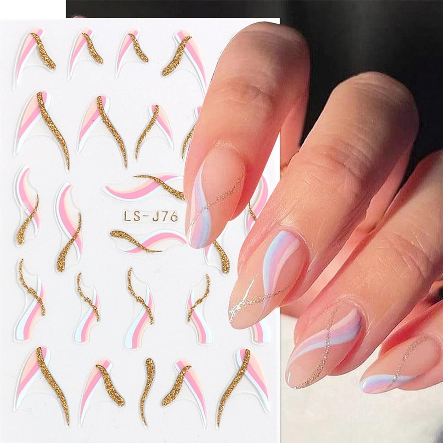 JMEOWIO Nálepka na nehty Französische Tipp 9 Blatt Nálepka na nehty Selbtklebend Nagelaufkleber Glitzer Wellenlinie Dekoration Nageldesign Zubehör