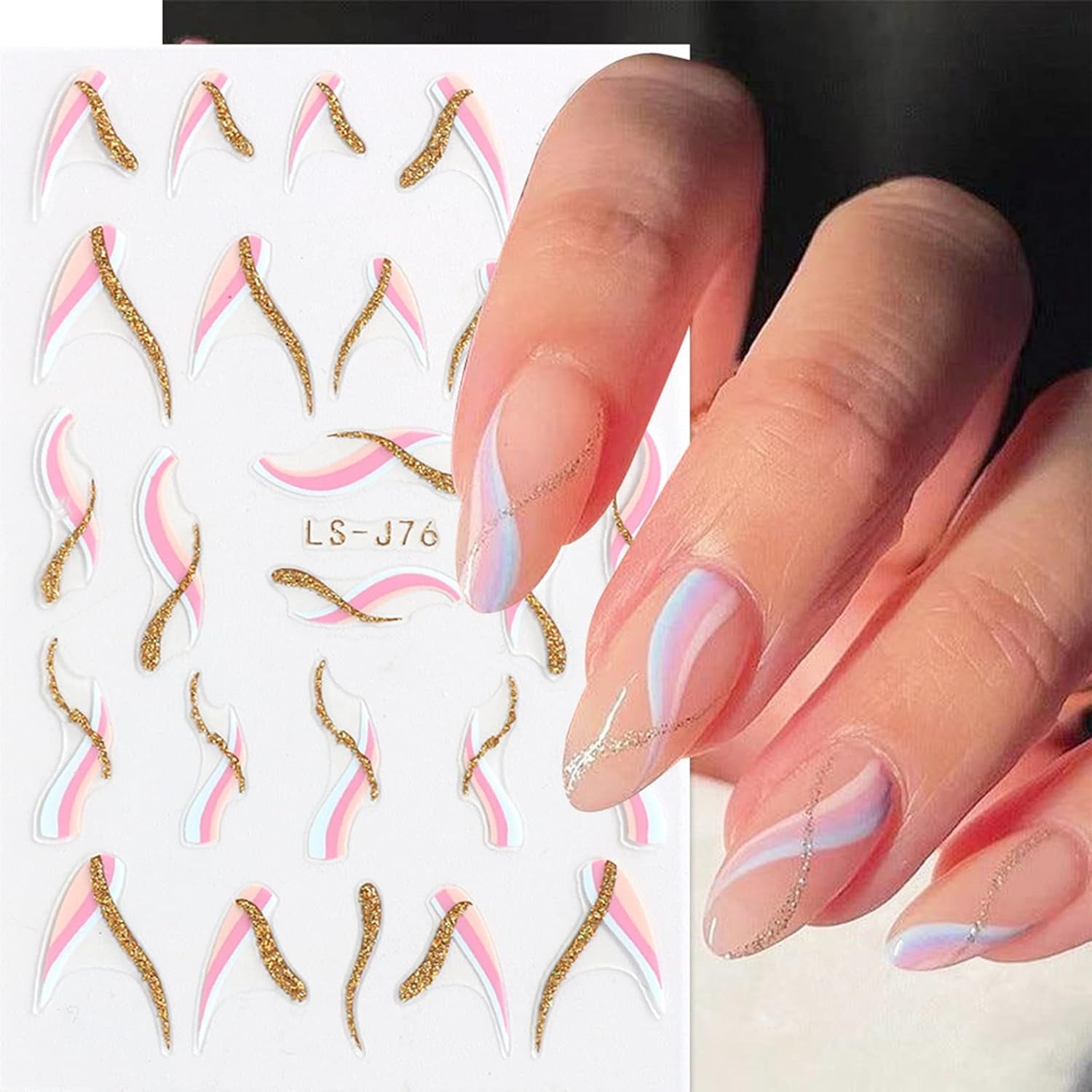 JMEOWIO Nálepka na nehty Französische Tipp 9 Blatt Nálepka na nehty Selbtklebend Nagelaufkleber Glitzer Wellenlinie Dekoration Nageldesign Zubehör