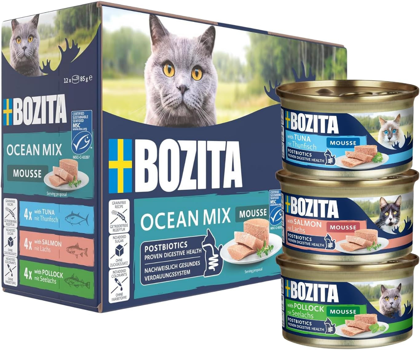 Bozita Mousse Ocean Mix - 12 x 85 g vlhké krmivo pro kočky s tuňákem, lososem nebo žlutou treskou - bez obilovin, bez cukru a umělých barviv - s postbiotiky pro zdravou střevní flóru