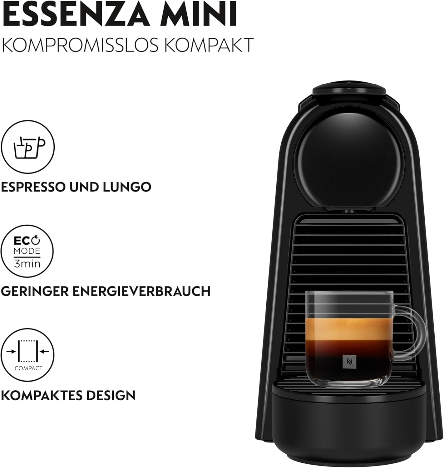 Espresso kávovar s kapslemi Nespresso De'Longhi Essenza Mini, černý | Tlak čerpadla 19 bar | Nádrž na vodu 0,6 l | Na espresso a lungo | Malý kávovar na espresso – skvělé kávové okamžiky | EN85.B