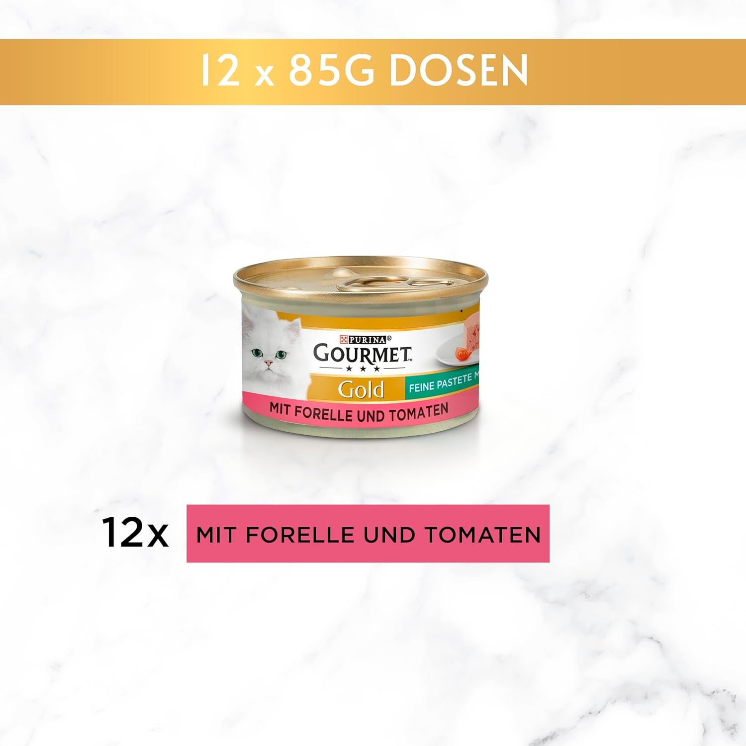 Jemná paštika Gourmet Gold se zeleninou, mokré krmivo pro kočky se pstruhem a rajčaty, balení 12 ks (12 x 85 g)