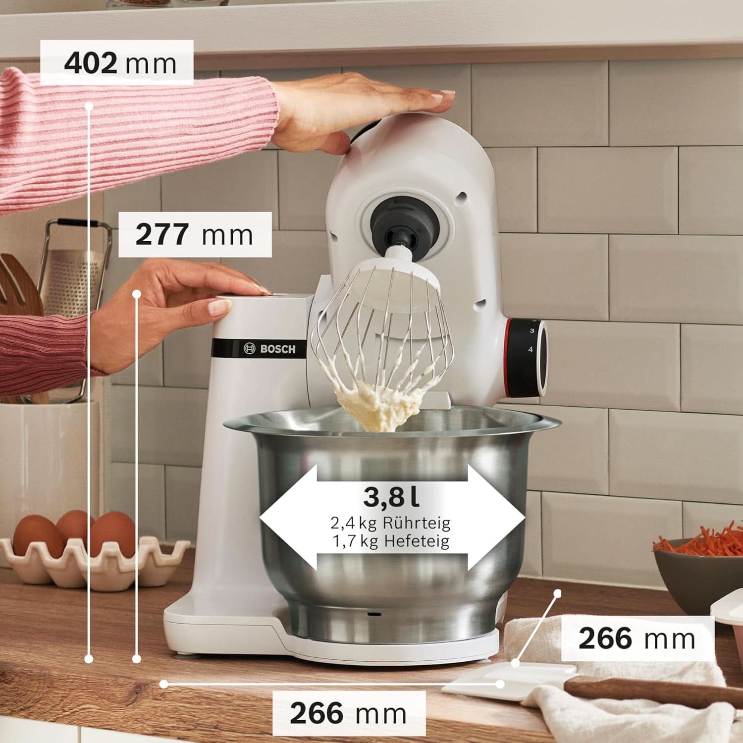 Bosch Küchenmaschine Serie 2 MUMS2EW00, Edelstahl-Schüssel 3,8 l, Planetenrührwerk, Knethaken, Schlag-, Rührbesen Edelstahl, 4 Arbeitsstufen, Durch Optionales Zubehör Erweiterbar, 700W, Weiß Kitchen