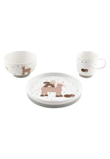 Porcelánová sada nádobí Sterntaler Rustikální design - Protiskluzová a odnímatelná silikonová základna Sada nádobí pro miminka a děti s talířkem, 400 ml miska a 200 ml hrnek, bílá