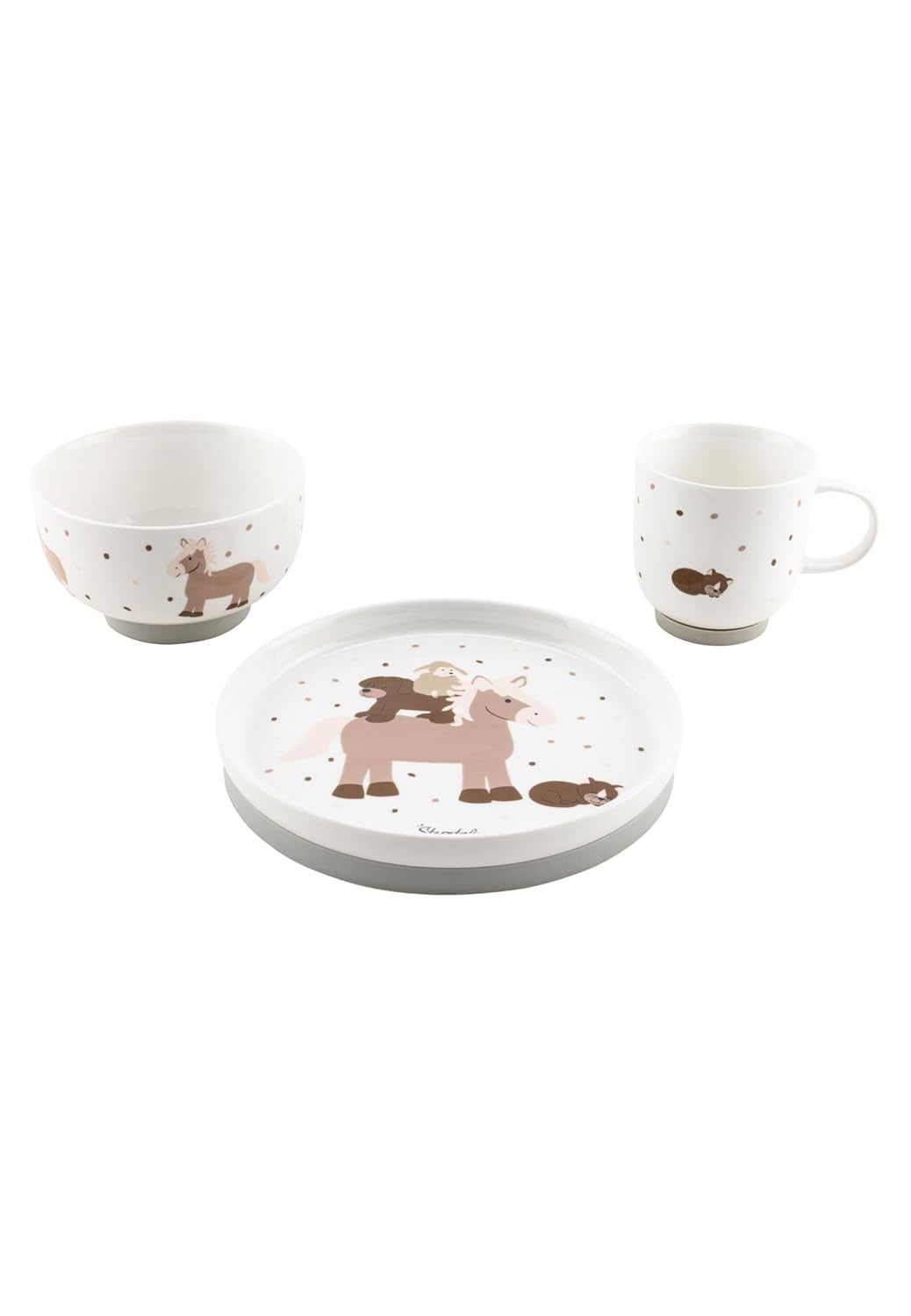 Porcelánová sada nádobí Sterntaler Rustikální design - Protiskluzová a odnímatelná silikonová základna Sada nádobí pro miminka a děti s talířkem, 400 ml miska a 200 ml hrnek, bílá