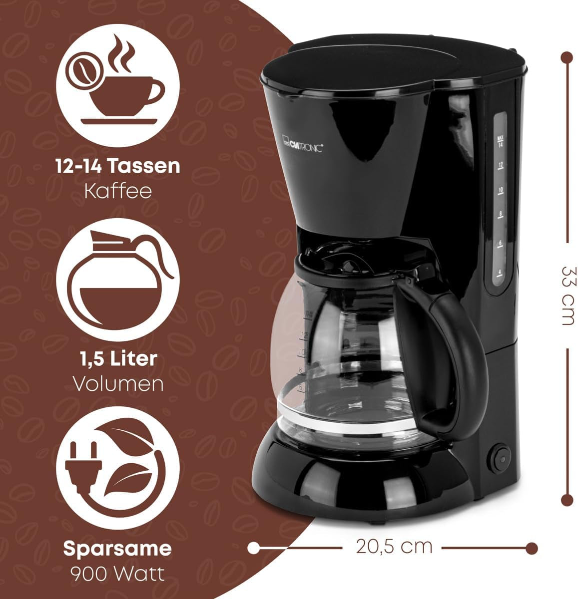 Clatronic® espresso kávovar | Automatický espresso kávovar na 12-14 šálků (cca 1,5 litru) | Espresso kávovar s filtrem a systémem proti odkapávání | 900W | Espressor KA 3473 černý