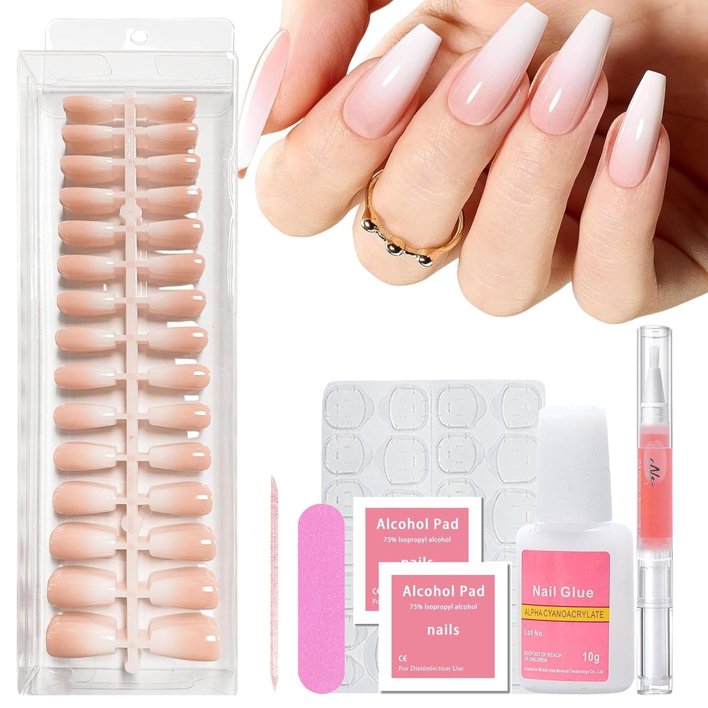 240ks Gradient Square Nails Set, Nude White Gradient Artificial Nails for Oil Pen Lepidlo, Medium Ombre Natural Falešné nehty pro ženy DIY (Nude Square)