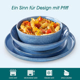 Steingut Geschirrset 6 Personen, vancasso ANYA Blau Teller Set Moderní 24 teilig, Tafelservice mit Speiseteller, Suppenteller, Desserttellern, Schüsseln, Geschirr Set Spülmaschinen und Mikrowellenfest