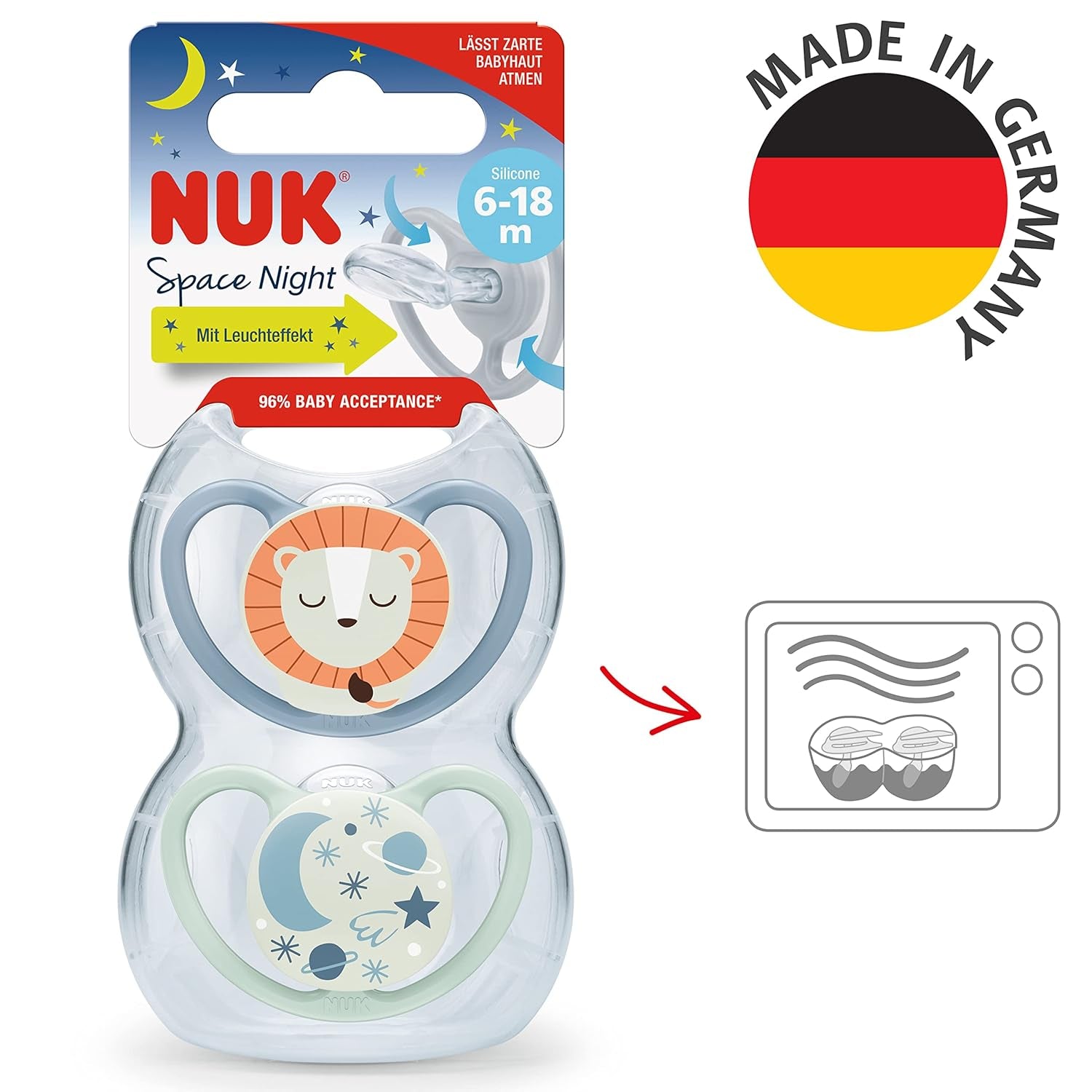 Dudlíky NUK Space Night | 6-18 měsíců | Dudlíky s extra velkými větracími štěrbinami, svítí ve tmě | Silikon bez BPA | Liška a Beruška | Balení 2