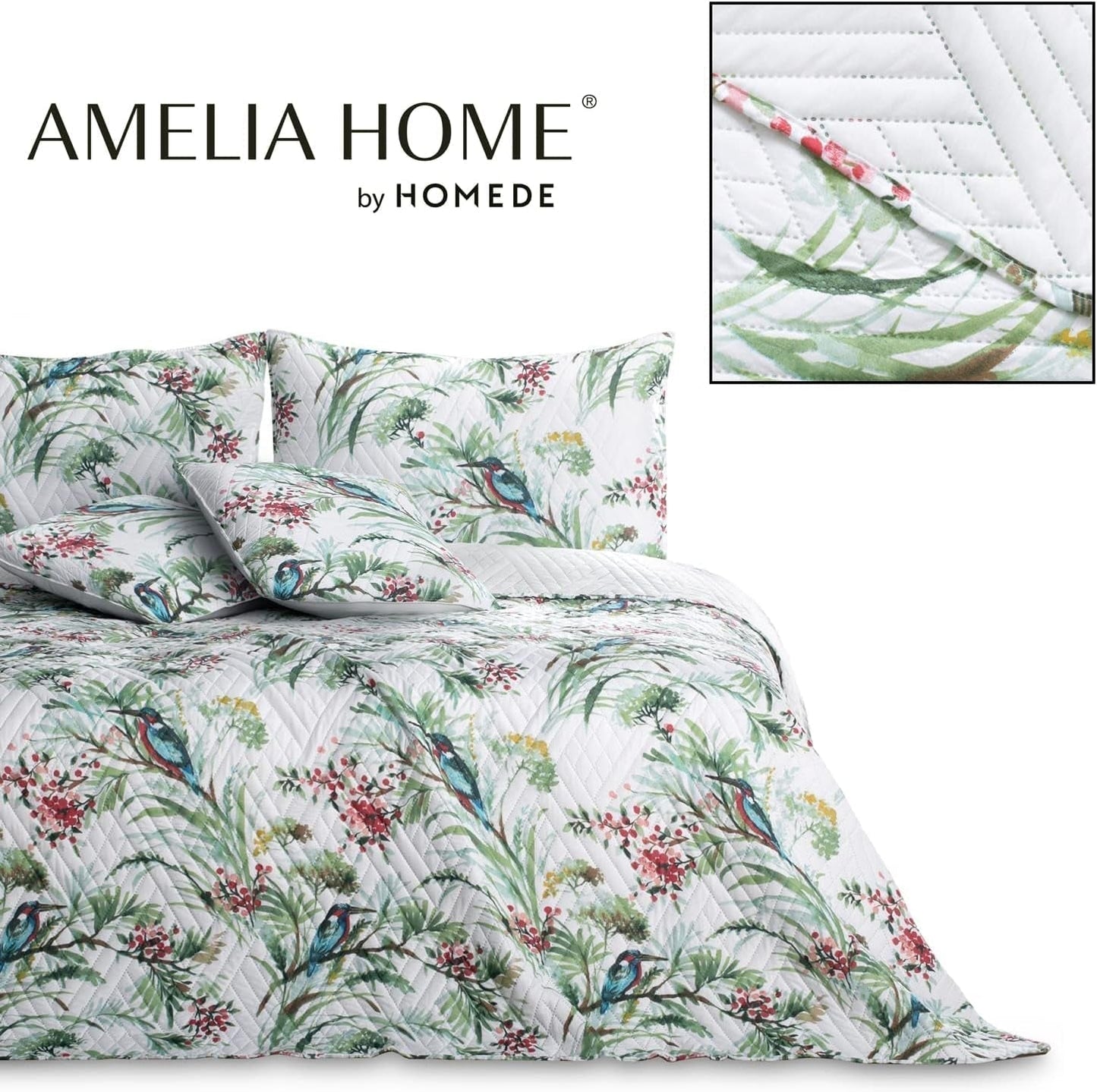 Ameliahome Přehoz přes postel Přehoz na postel 260X280 Cm Oboustranný Snadná údržba Vzor prošívané rostliny Vzor ptáků Vícebarevné Postele a přikrývky Ledňáček Besuche den AmeliaHome-Store