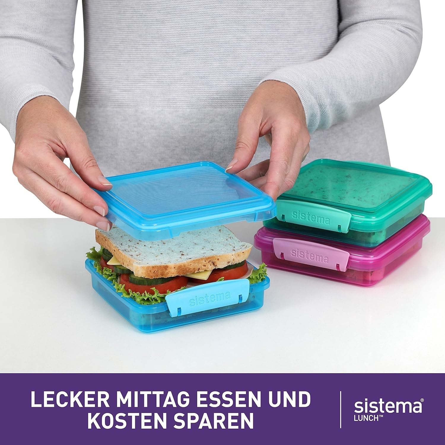 Systém sendvičových boxů na oběd | 450 ml | stohovatelný a vzduchotěsný obědový box s víkem | pro děti i dospělé | bez BPA | smíšené barvy | 3 kusy Naty Shop boxy na skladování potravin