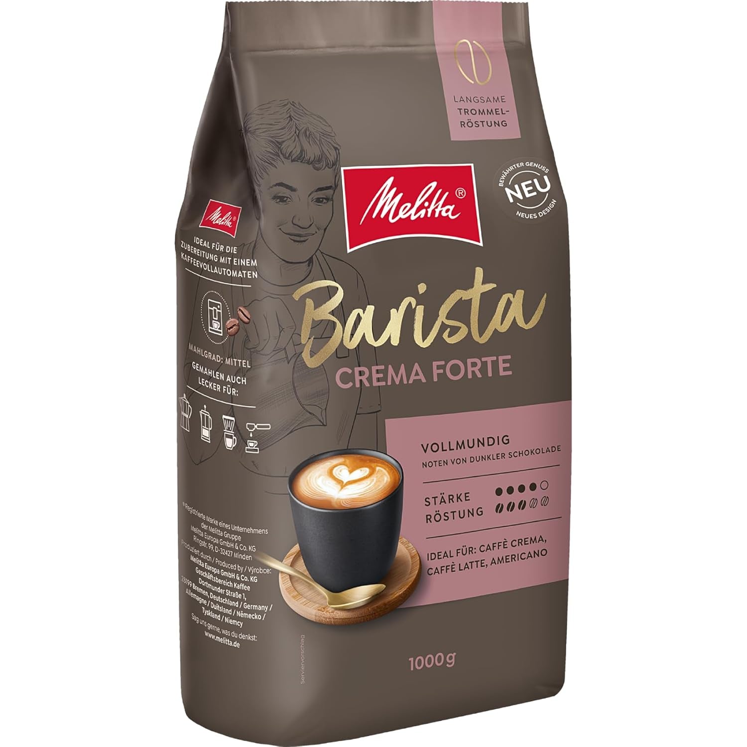 Melitta Barista Classic Crema Forte, Celá kávová zrna 1kg, Ungemahlen, Kávová zrna do kávovaru, Silné pražení, Stärke 4
