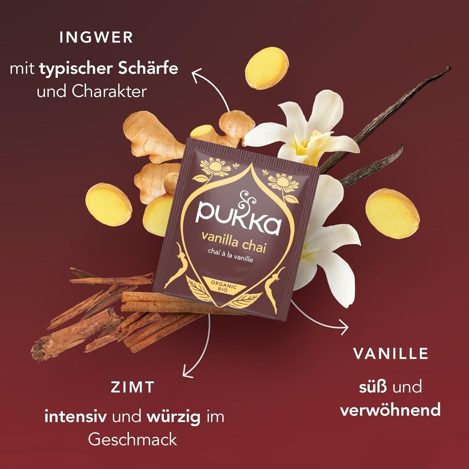 Pukka | Směs organických ochucených čajů "Vanilla Chai" | Skořice, zázvor a vanilka | Čaj pro pochoutku s přírodní sladkostí | Balení po 1 | 20 čajových sáčků