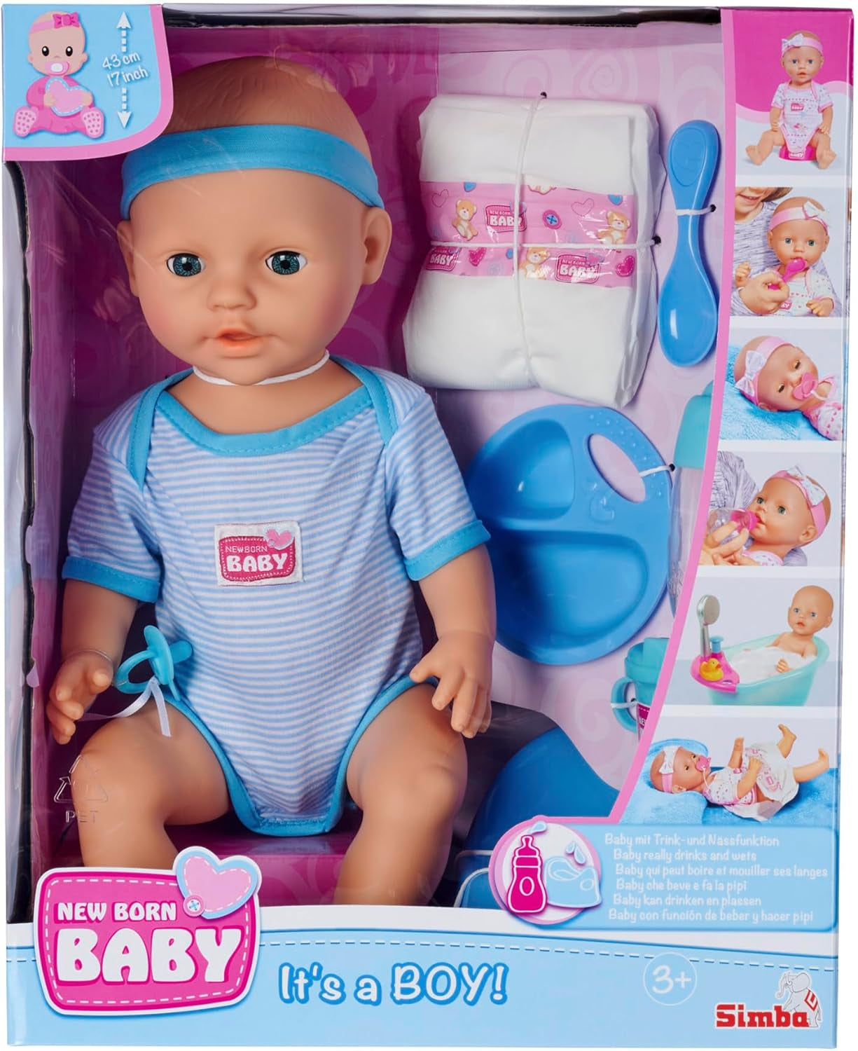 Simba 105030044 - Novorozená panenka - chlapec, celo vinylová panenka se spícíma očima, funkcí pití a zvlhčování a doplňky, 8 kusů, 43 cm, panenka, věk 3+