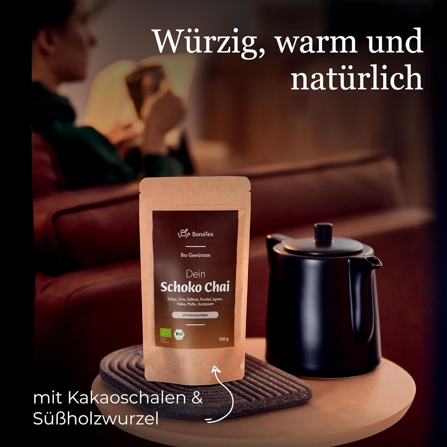 BIO Schoko Chai kořeněný čaj bez cukru, s kakaovými lusky, skořicí, lékořicí a dalším aromatickým Chai kořením, 100 g
