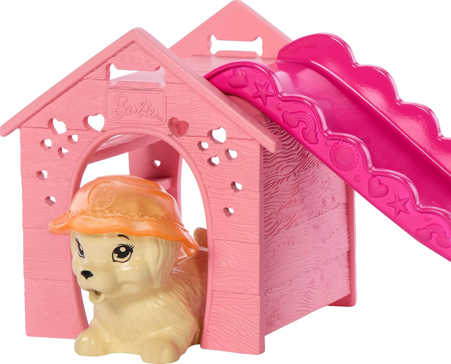 Hrací sada Barbie pro štěně Pool Party s módní panenkou, psím domečkem a skluzavkou, srdíčkovým bazénkem, 2 figurkami psů, 6 doplňků a měničem barev, JBF35