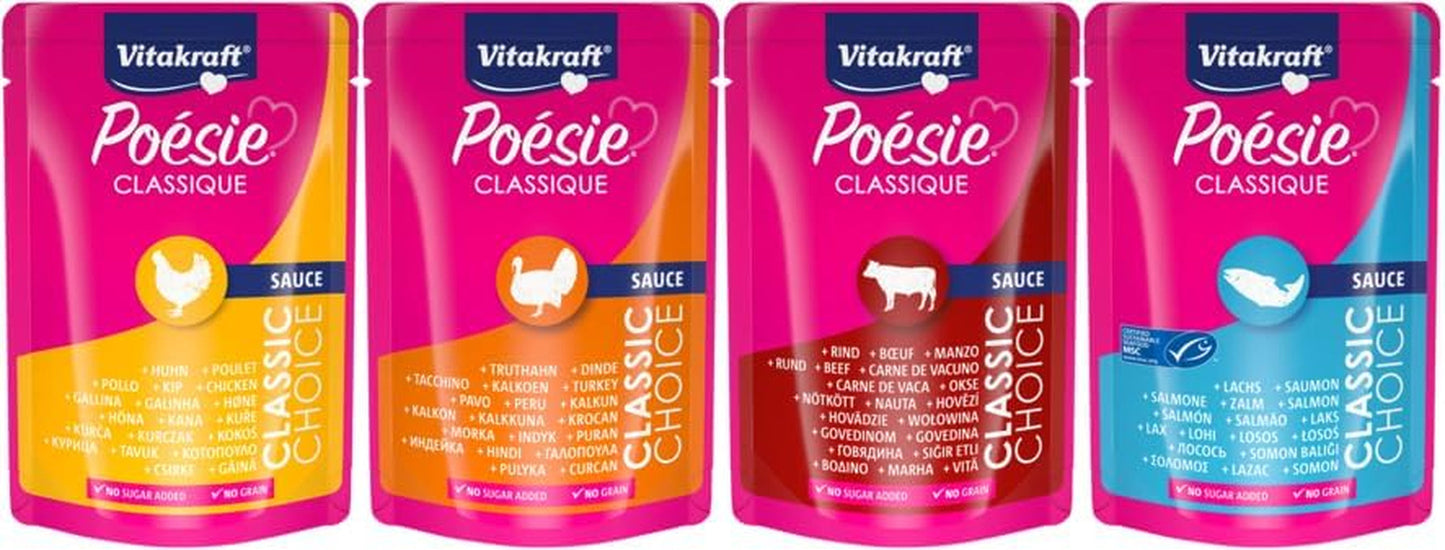 Vitakraft Poésie Classique, mokré krmivo pro kočky, krmivo pro kočky v omáčce, s kuřecím masem, s krůtím masem, s hovězím masem, s lososem, bez přidaného cukru a cereálií (1 balení 12 x 85 g)