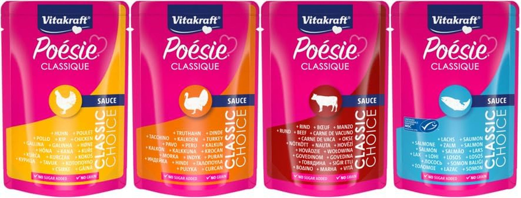 Vitakraft Poésie Classique, mokré krmivo pro kočky, krmivo pro kočky v omáčce, s kuřecím masem, s krůtím masem, s hovězím masem, s lososem, bez přidaného cukru a cereálií (1 balení 12 x 85 g)