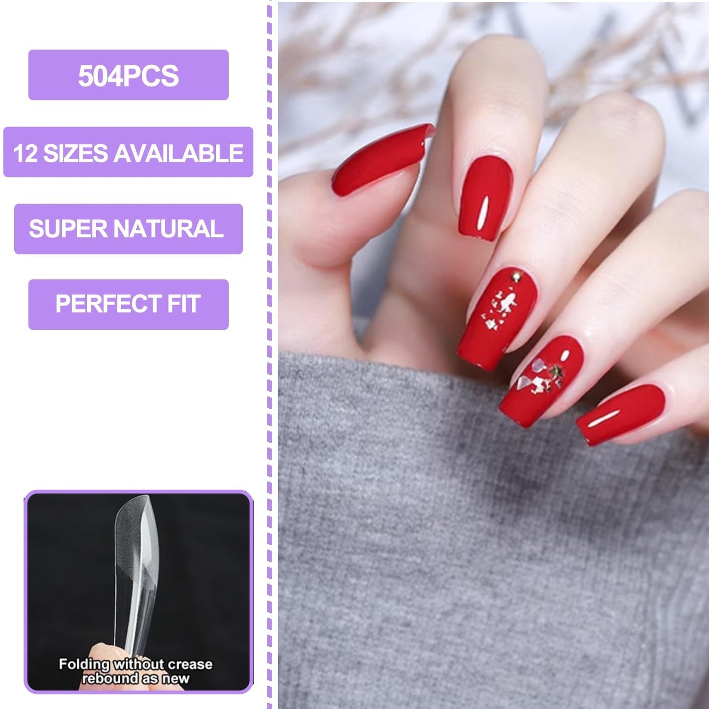 Full Cover False Nails 504 Pack 12 velikostí Umělé nehty s lepidlem na nehty Akrylové umělé nehty s úložným boxem pro nehtové salony a domácí nail art (čtvercové)