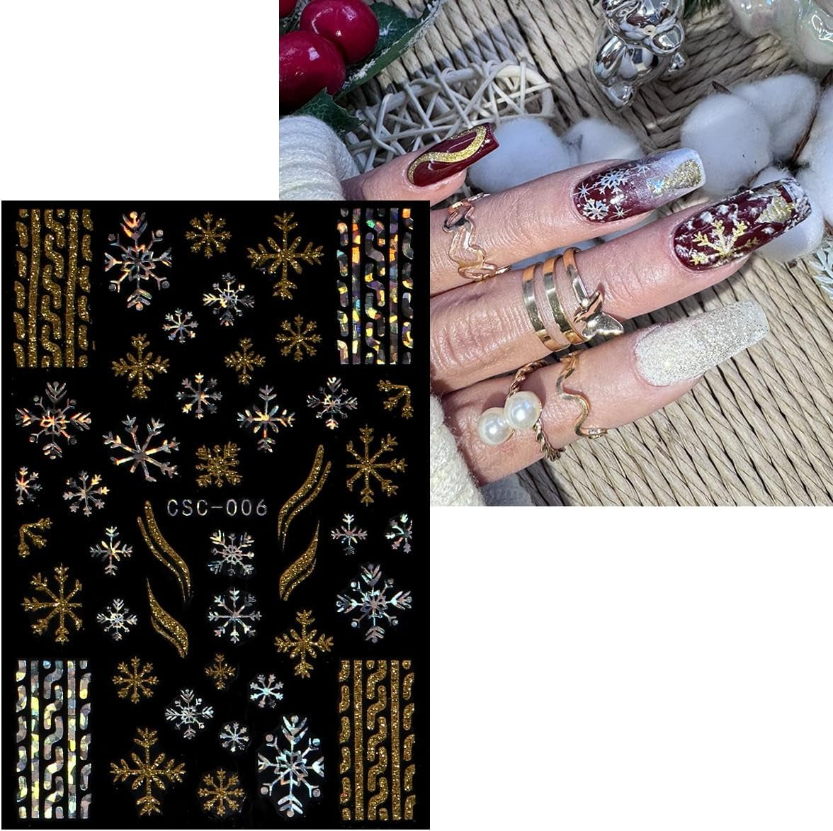 JMEOWIO Nálepka na nehty Weihnachten Gold Glitter Silber 8 Blatt Nálepka na nehty Selbtklebend Nagelaufkleber Schneeflocke Winterurlaub Dekoration Nageldesign Zubehör