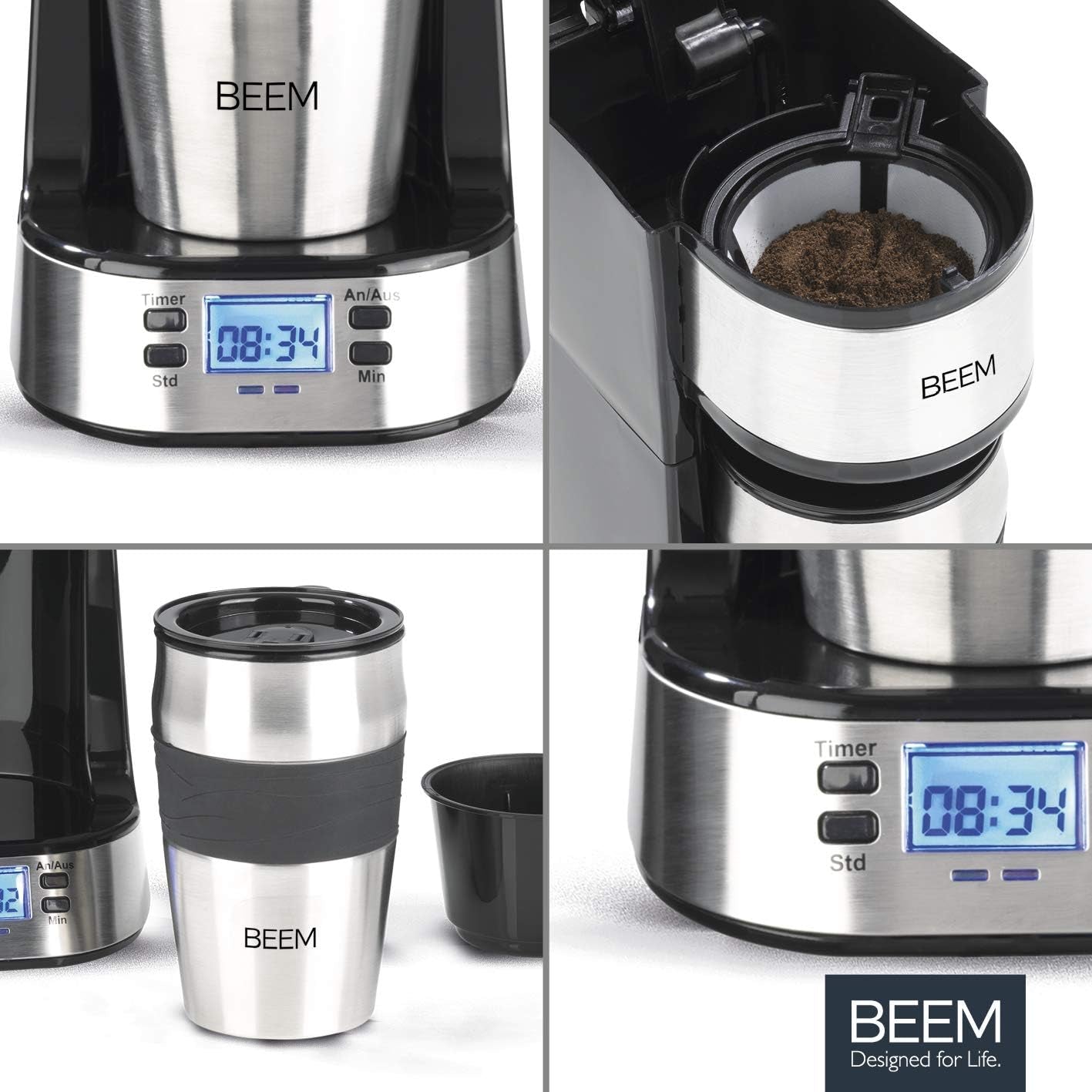 Jednofiltrační espresso BEEM THERMO 2 GO s termohrnkem o objemu 0,4 l | Permanentní filtr | S 24hodinovým časovačem pro ranní šálek horké kávy, žádné čekání | 750 W