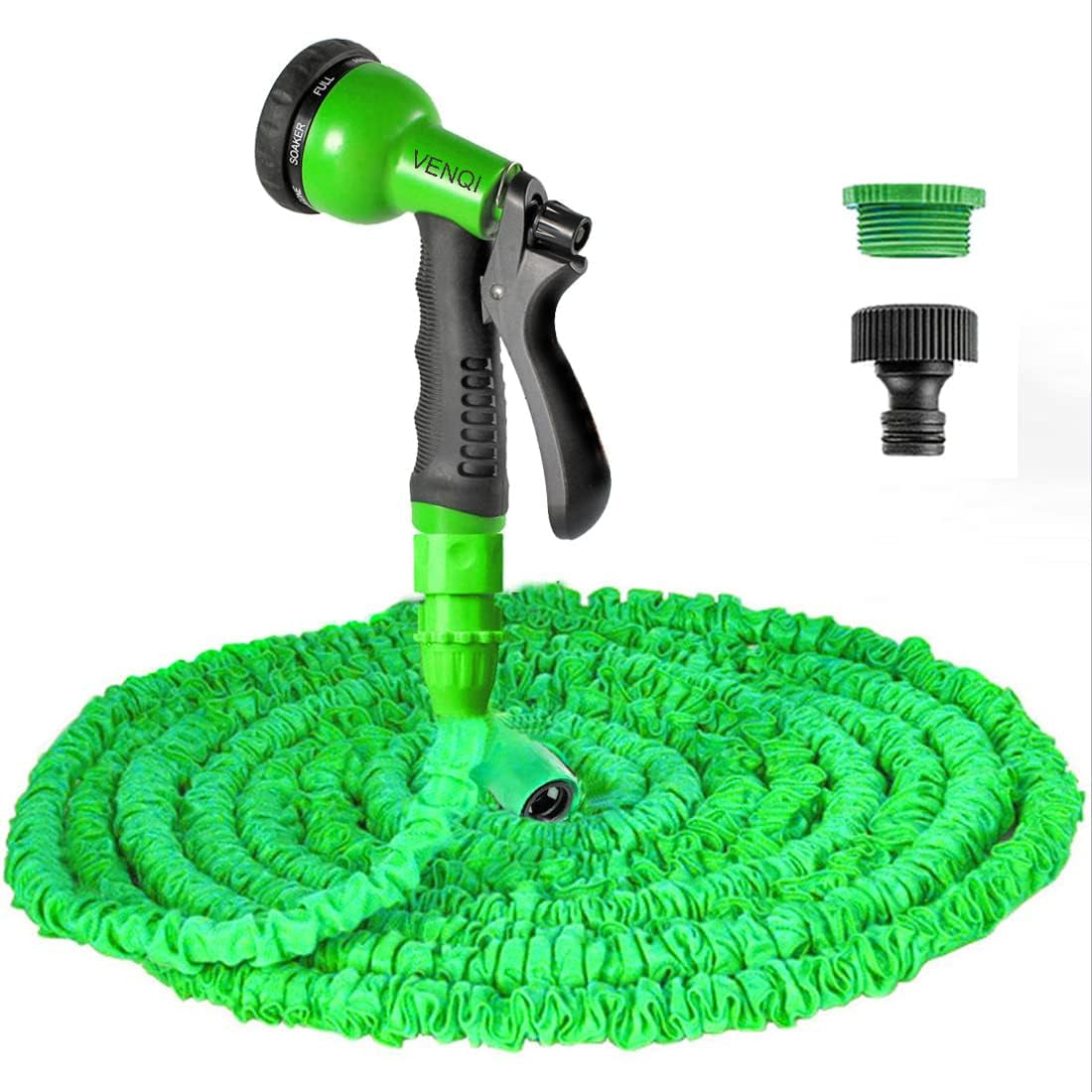 30 m prodlužovací zahradní hadice, 100 stop flexibilní vodní hadice s 8-tryskovou tryskou, vodotěsná zatahovací hadice pro velké zatížení s 3/4" a 1/2" konektory (30 m, zelená)