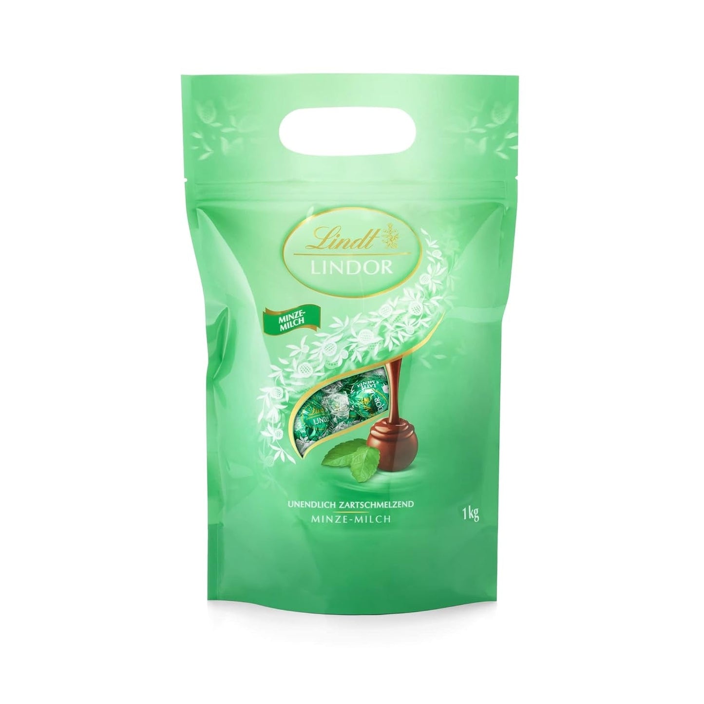 LINDOR čokoládové kuličky | 1 kg uzavíratelný sáček | cca. 80 kuliček z mléčné čokolády s mátovou náplní | Hromadné balení a čokoládové kuličky se slaným karamelem LINDOR