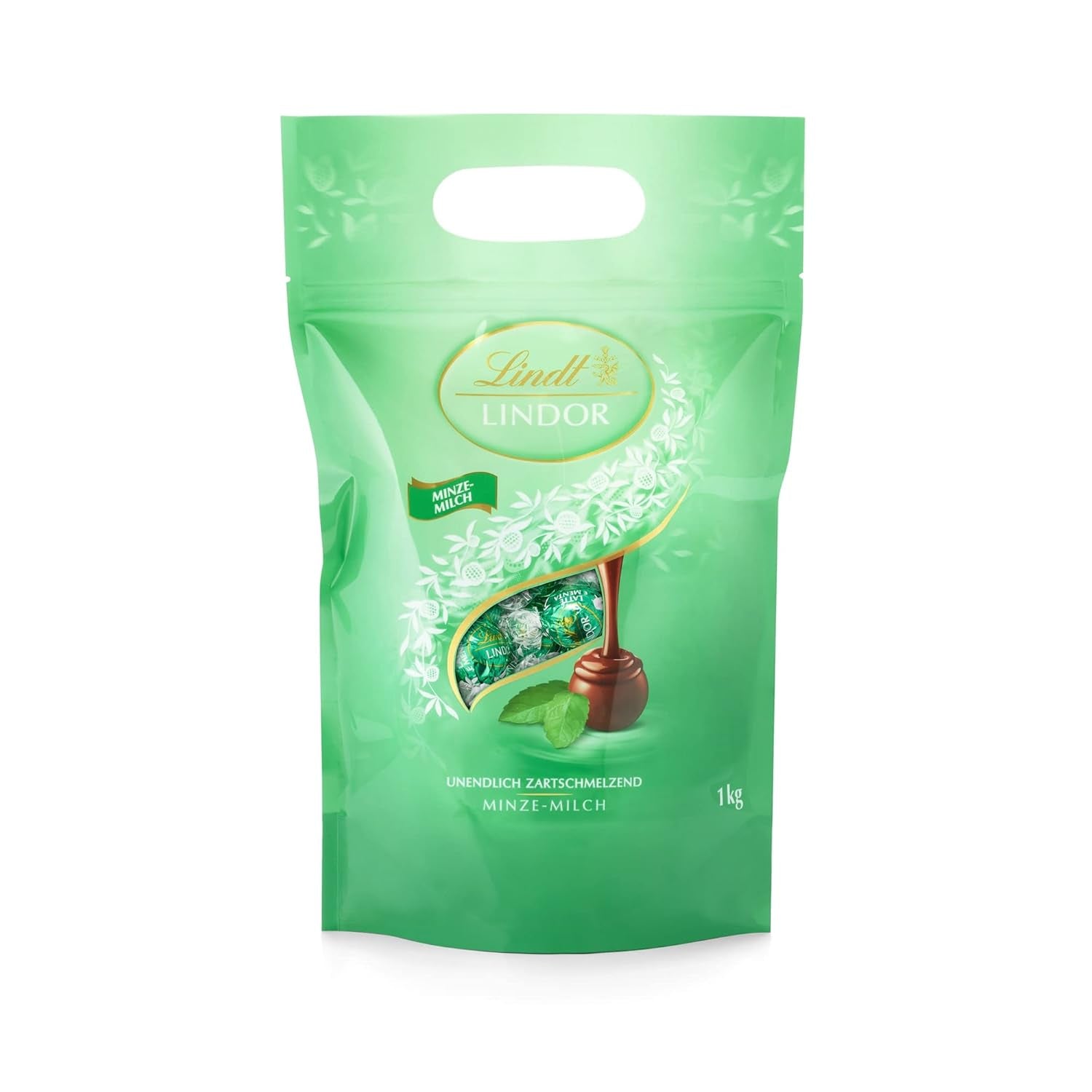 LINDOR čokoládové kuličky | 1 kg uzavíratelný sáček | cca. 80 kuliček z mléčné čokolády s mátovou náplní | Hromadné balení a čokoládové kuličky se slaným karamelem LINDOR