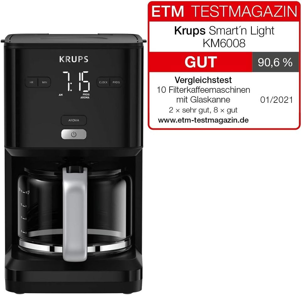 Kávovar Krups Smart'n Light s časovačem, na 1,25 l filtrované kávy, funkce udržování teploty, automatické vypínání, černý, KM600810