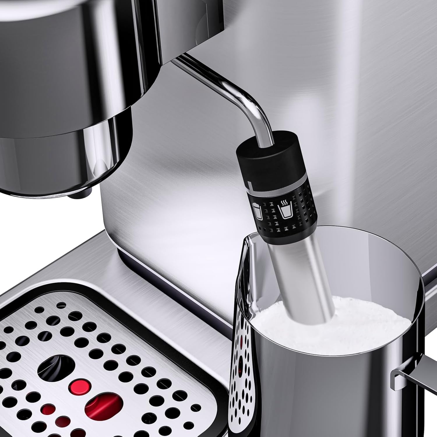 Kávovar WMF Lumero, portafiltr, 1400 wattů, portafilter, 3 vložky, pro 1-2 šálky na espresso, včetně kapslí, 15 bar, držák šálků, napěňovač mléka, matná nerezová ocel