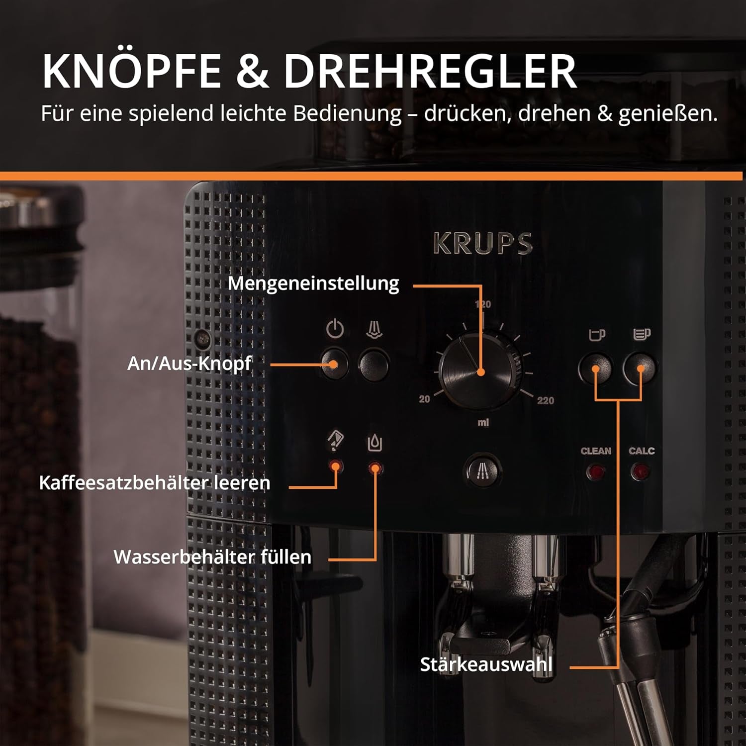 Automatický espresso kávovar KRUPS Arabica Picto, kompaktní design, snadné ovládání, intuitivní nastavitelné otočné ovládání, napěňovač mléka, funkce 2 šálků, kávovar, černý, EA810870