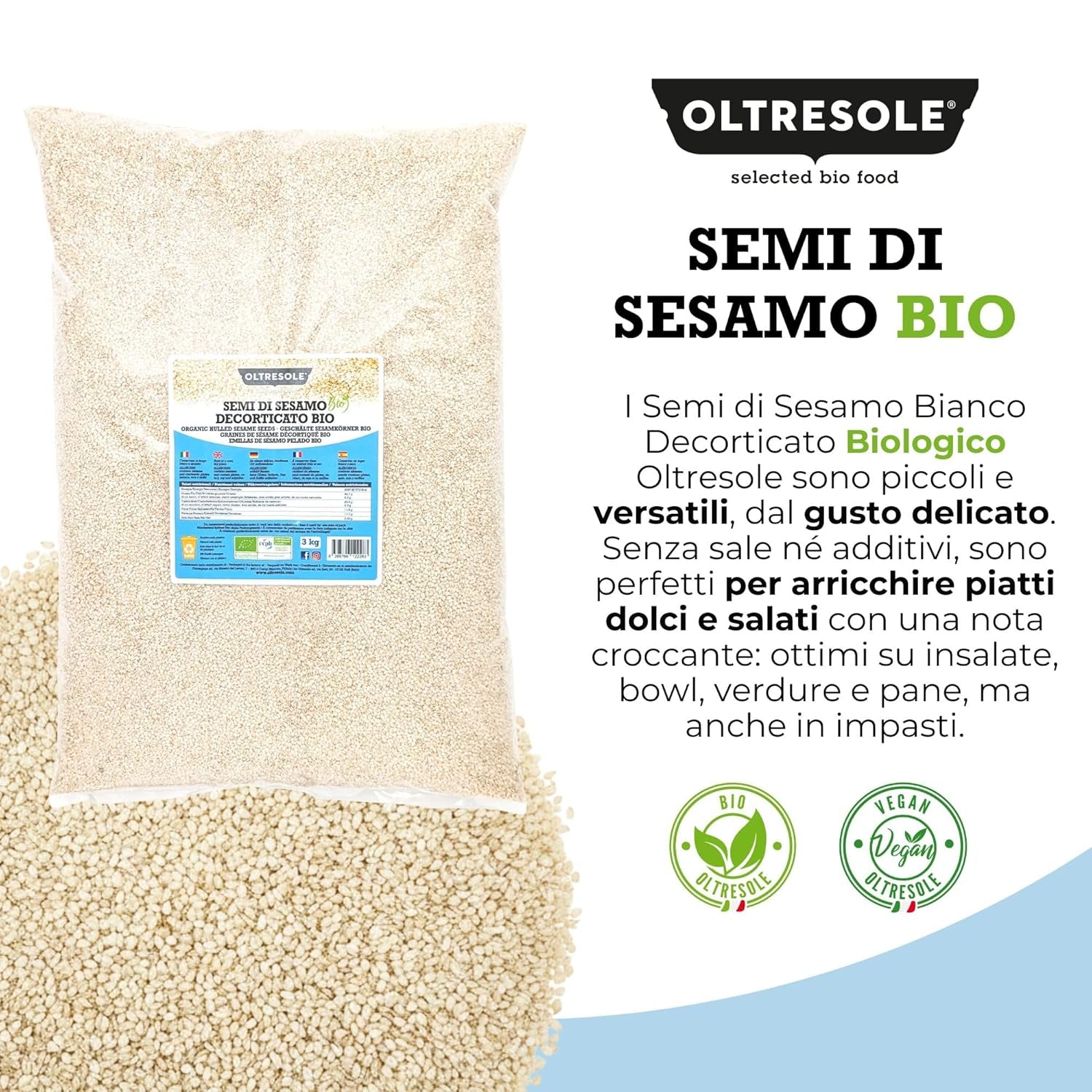 Bio sezamová semínka 3 kg, surová bio olejná semínka, bílý sezam, přirozeně loupaný, nepražený, zdroj vápníku a železa, ekonomický balíček