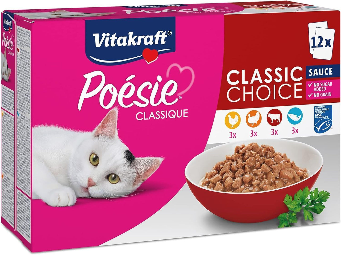Vitakraft Poésie Classique, mokré krmivo pro kočky, krmivo pro kočky v omáčce, s kuřecím masem, s krůtím masem, s hovězím masem, s lososem, bez přidaného cukru a cereálií (1 balení 12 x 85 g)