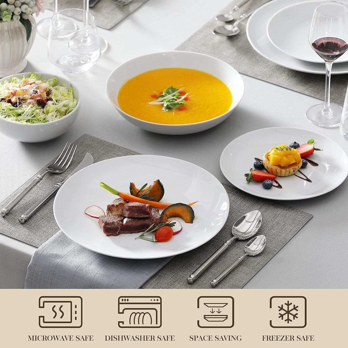 MALACASA Sada jídelního nádobí pro 12 osob, 48dílná sada moderního porcelánového nádobí Amelia, Obsluha s 12 talíři, dezertními talíři, talíři Suma a misky na cereálie, Moderní sada nádobí pro 12 osob – bílá
