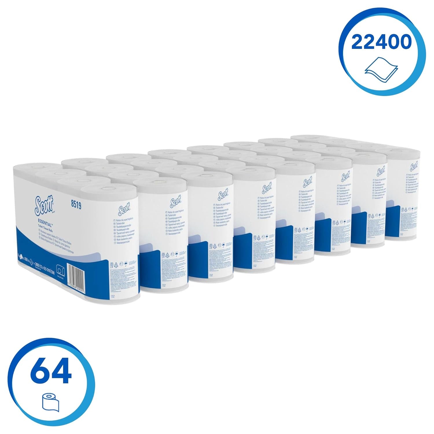 Toaletní papír Scott® Essentialtm 8519 2vrstvý bílý toaletní papír z recyklovaných vláken s certifikací Fsc 64 rolí X 350 listů (celkem 22 400 listů)
