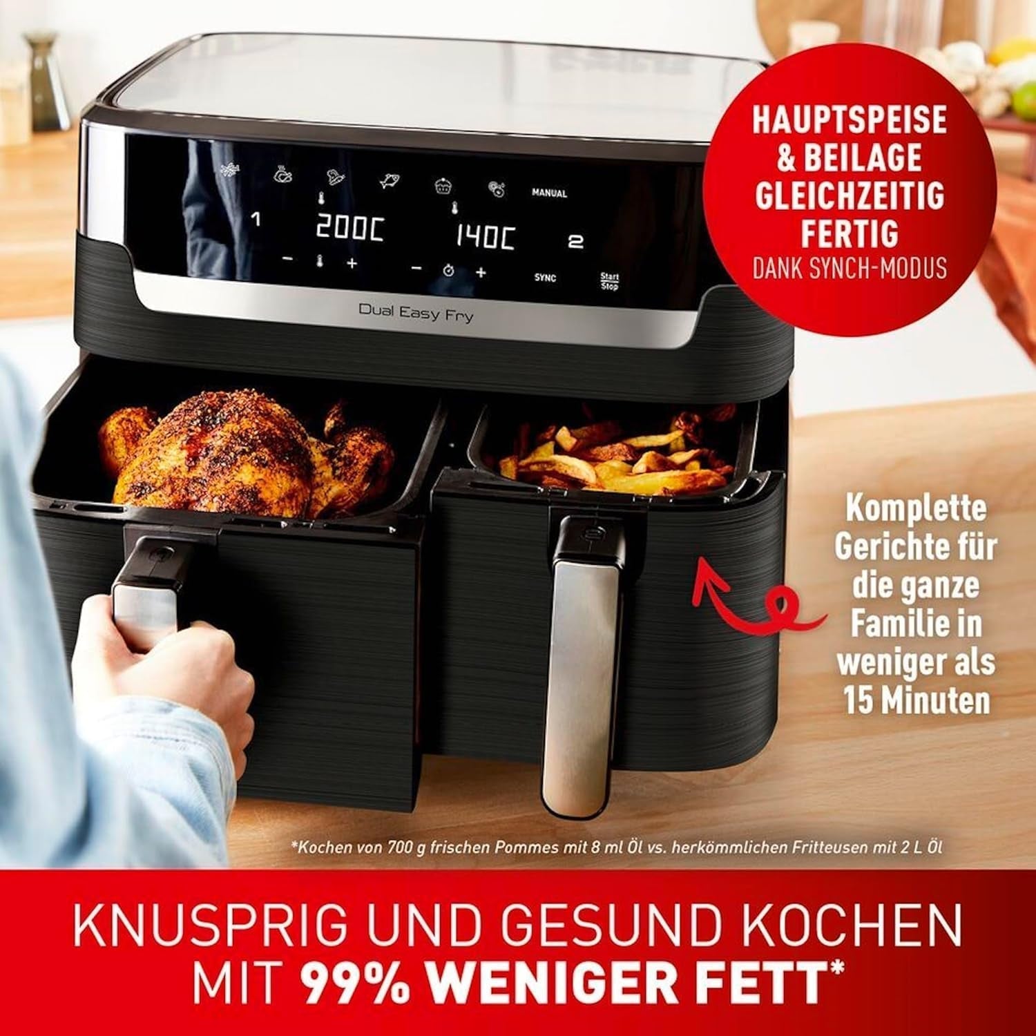 Horkovzdušná fritéza Tefal Dual Easy Fry se dvěma komorami, objem 5,2/3,1 litru, dvě nezávislé zásuvky, 7 programů Domácí spotřebiče Naty Shop