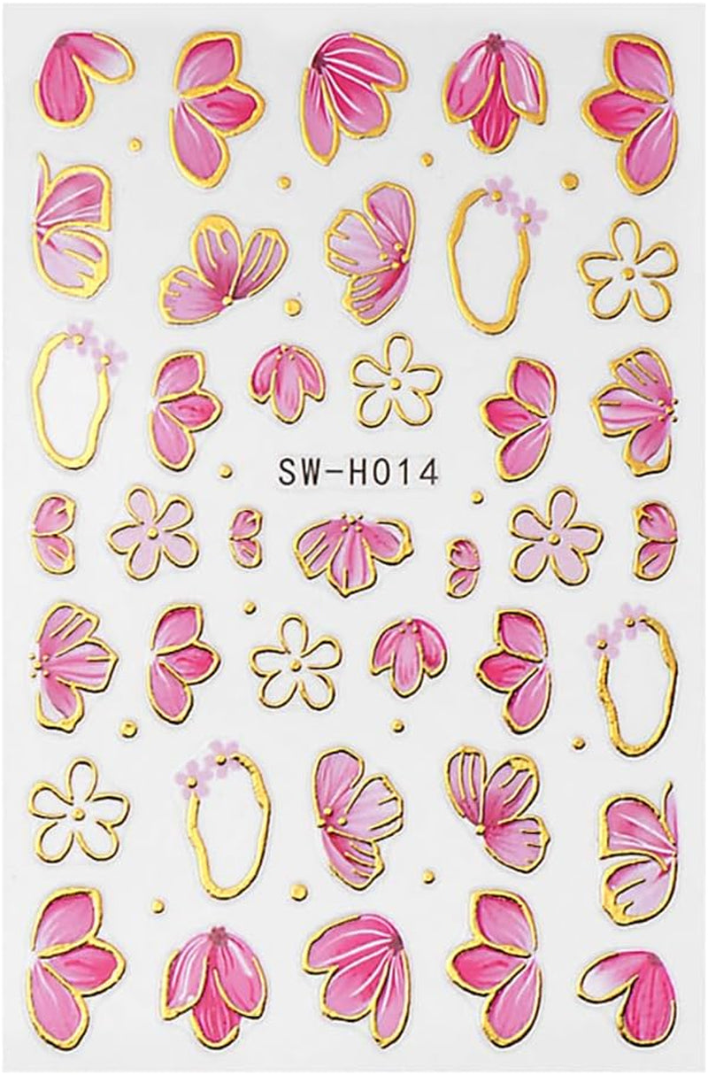 Zlatá Linie Schieber Rosa Samolepka na nehty Blumen 3D Květina Samolepka na nehty Sakura Blütenblätter Blumen Nagelaufkleber Frühling Summer Floral Nagel Sticker Květiny Samolepky na nehty Nageldesign Zubehör Nail Art